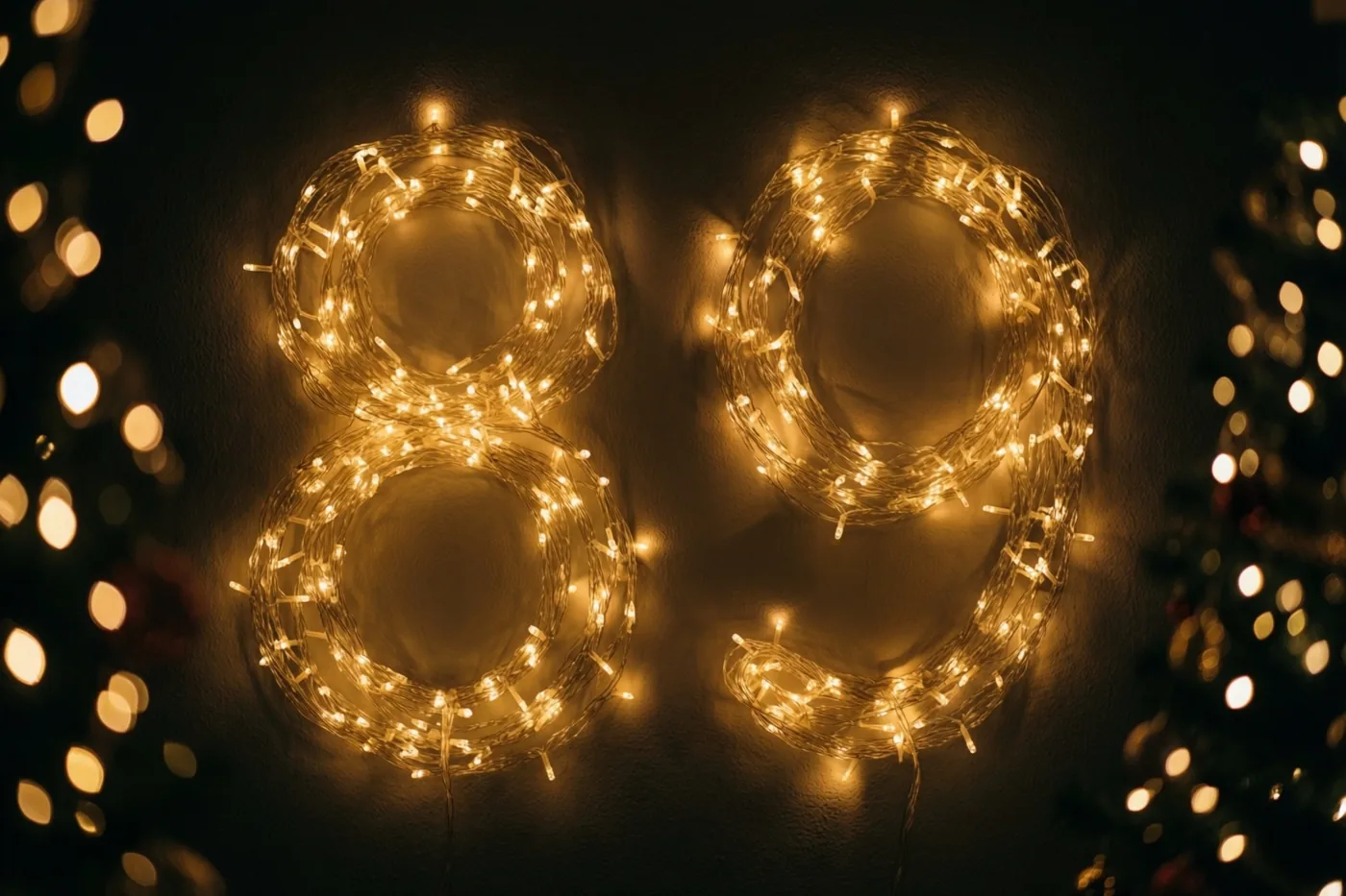 Warme lichtjes vormen het getal 89 tegen een donkere muur met onscherpe feestlichtjes op de achtergrond.