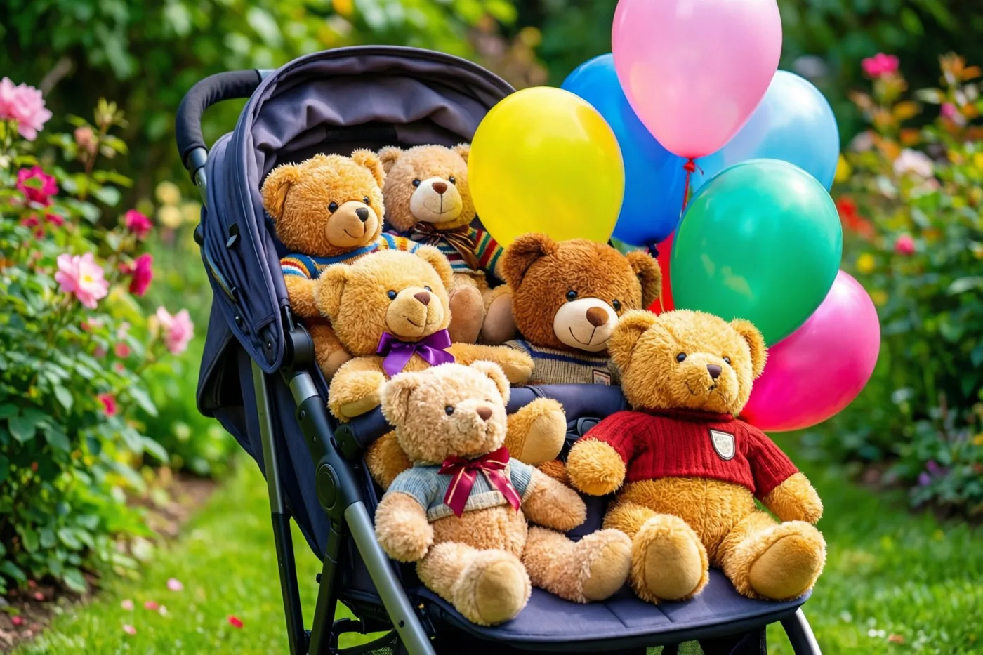 Een kinderwagen vol aangeklede teddyberen staat tussen kleurrijke ballonnen in een tuin met bloeiende bloemen, met veel blauw, geel en roze.