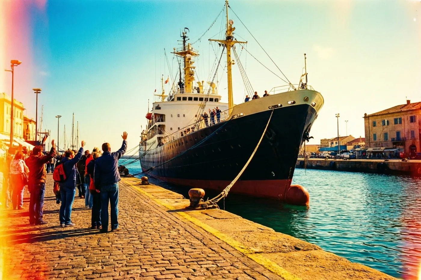 Een groot schip ligt aangemeerd aan een havenkade waar mensen vanaf de kasseien zwaaien, in warm gouden zonlicht met de verbleekte uitstraling van oude film.