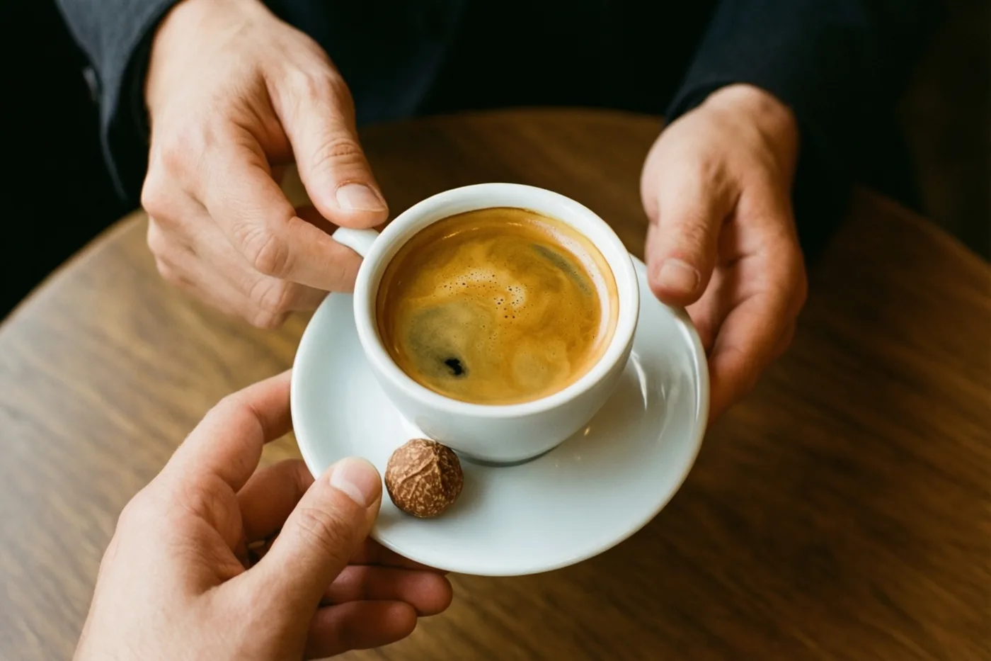 Twee handen reiken een wit kopje espresso op een bijpassend schoteltje met een kleine praline aan boven een houten tafel.