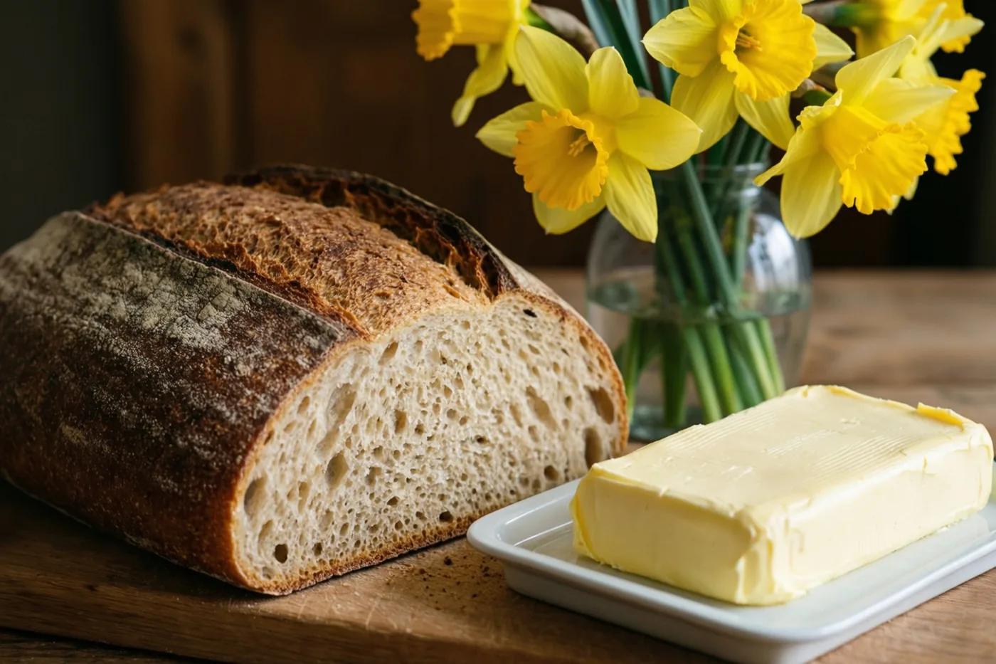 Een rustiek brood met een aangesneden stuk dat de luchtige kruim toont, ligt naast een blok boter op een houten ondergrond, met een vaas gele narcissen op de achtergrond.