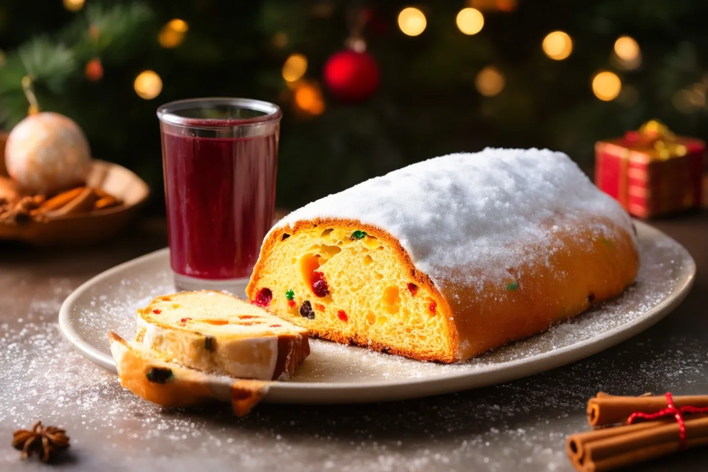 Een aangesneden kerststol met poedersuiker ligt op een bord naast een glas glühwein, met een versierde kerstboom, kerstversiering en gouden lichtvlekken op de achtergrond.