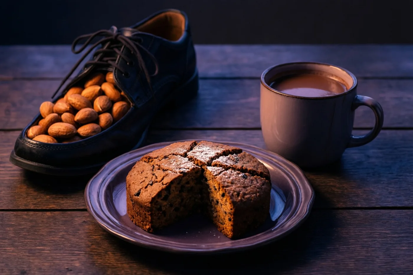 Op een donkerhouten tafel staan een bord met een aangesneden koffiekoek, een mok chocolademelk en een zwarte schoen gevuld met pepernoten, in warm licht tegen een donkere achtergrond.