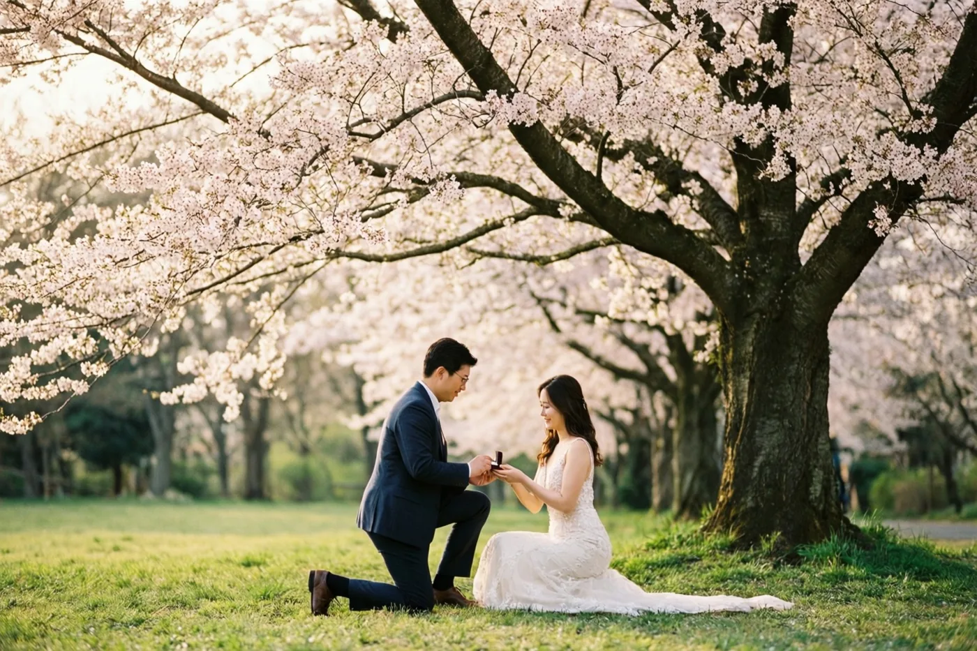 Een man in een donker pak knielt op het gras voor een vrouw in een witte jurk onder een grote kersenboom met roze bloesems in zacht, warm licht.