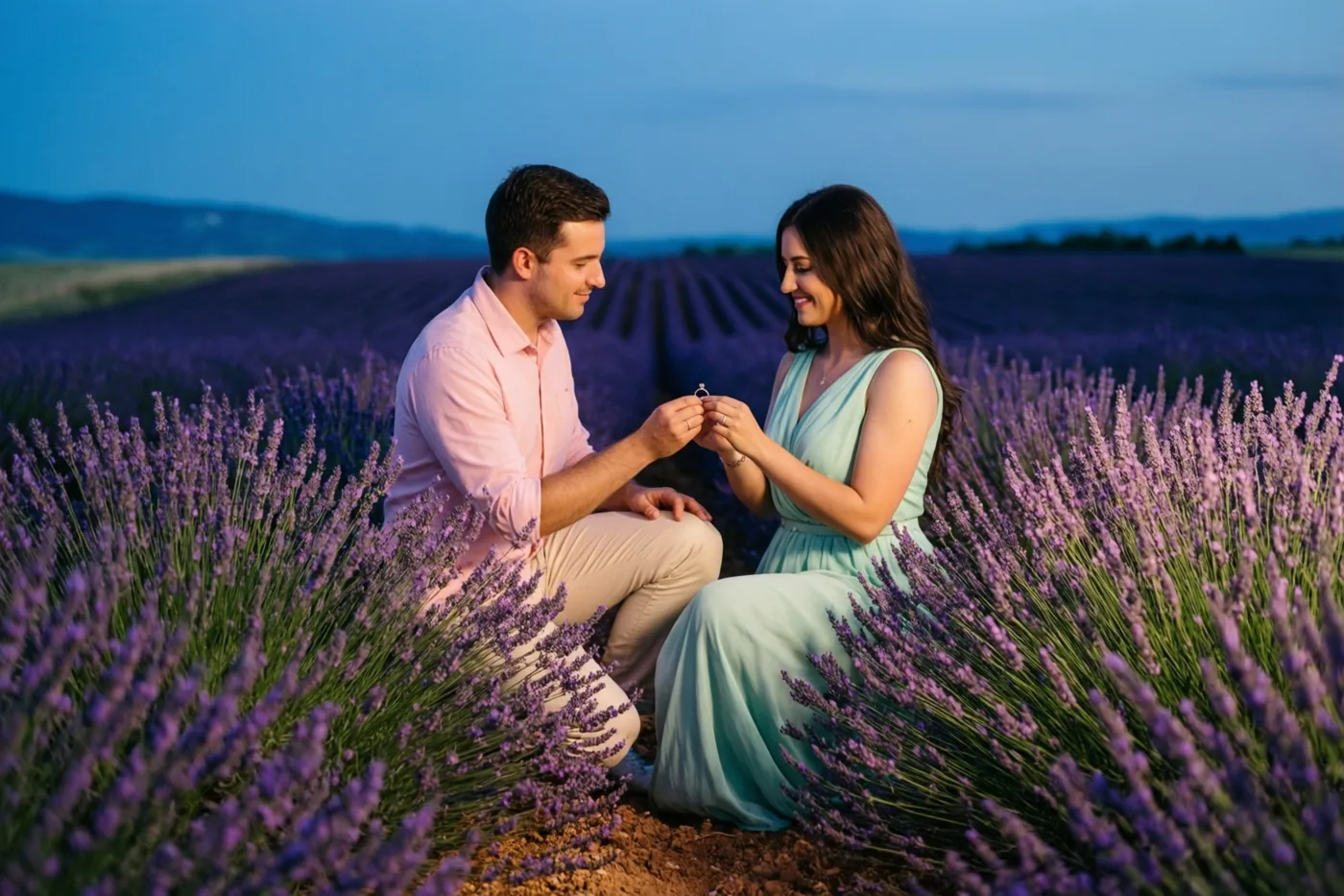Een man in een roze hemd knielt in een lavendelveld en houdt een ring uit naar een vrouw in een lichtgroene jurk die naast hem zit, onder een blauwe hemel in de schemering.