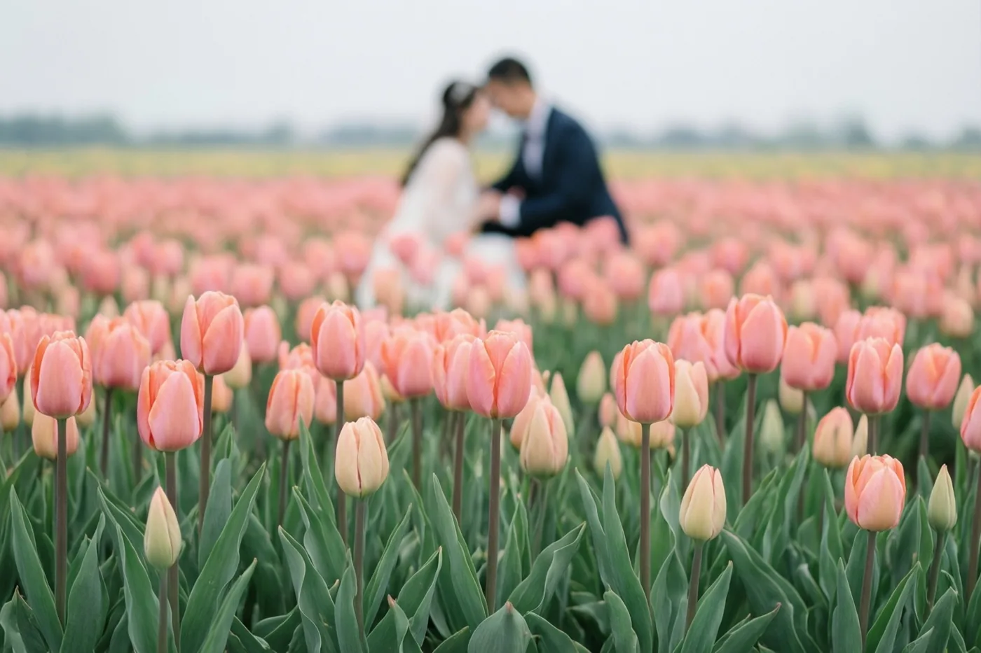 In de verte knielt een man op één knie voor een vrouw om haar ten huwelijk te vragen in een veld met bloeiende roze tulpen.