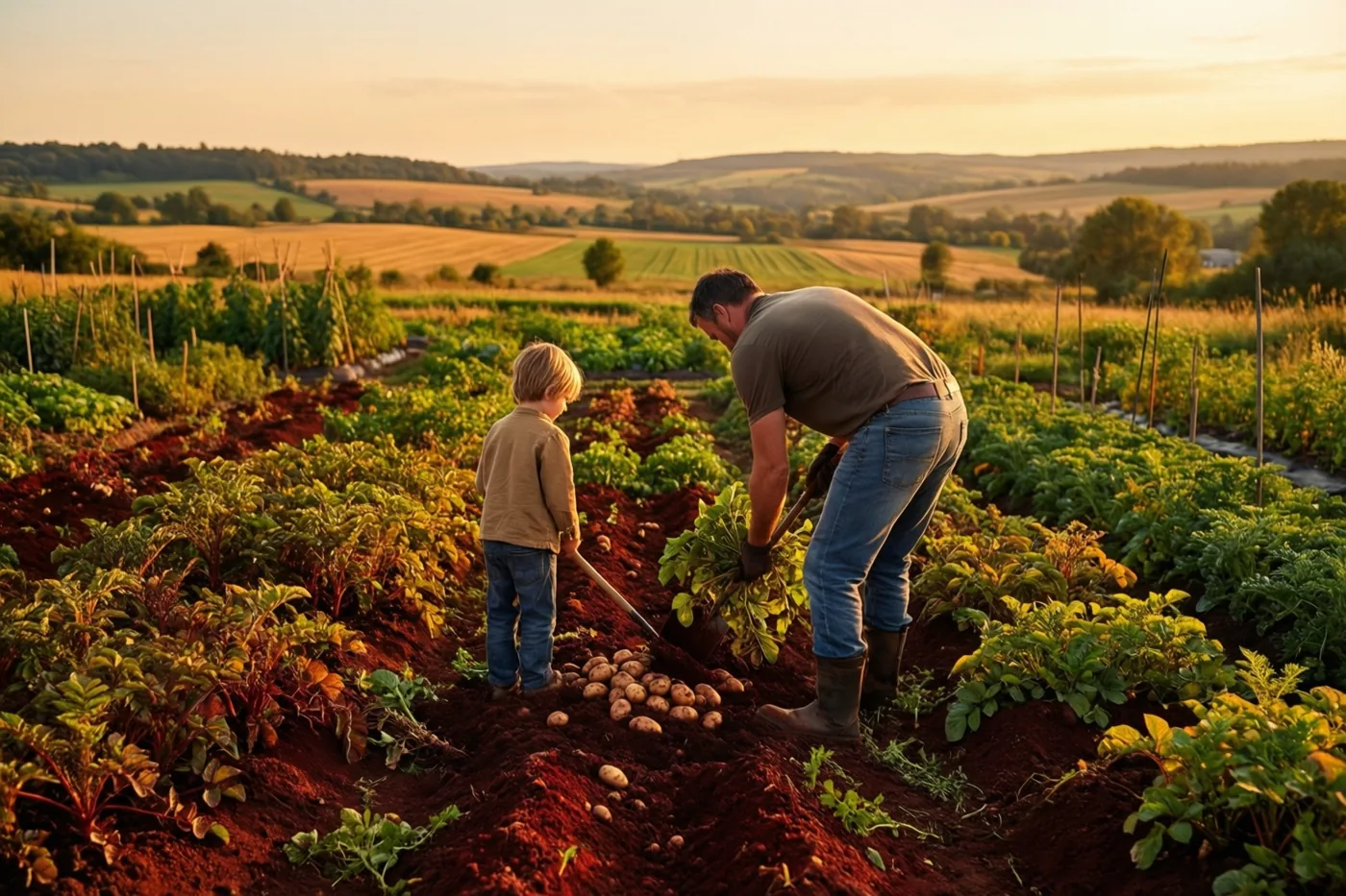 Een vader en kind rooien van achteren gezien samen aardappelen in een moestuin bij zonsondergang.