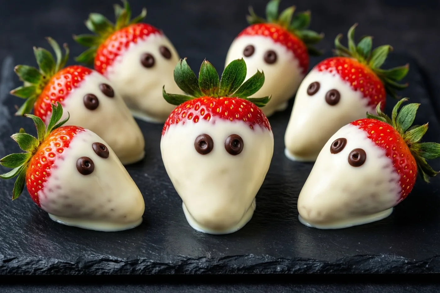 Aardbeien in witte chocolade met chocoladeoogjes die op spookjes lijken liggen op een zwarte leisteen tegen een donkere achtergrond.