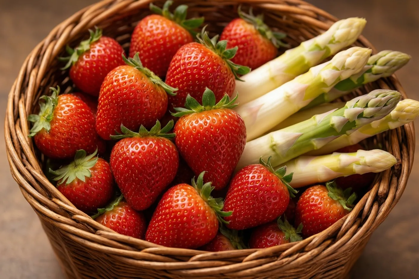 Een gevlochten mand met verse rode aardbeien en witte asperges staat op een houten oppervlak in warm licht.