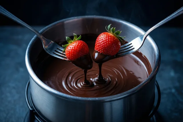 Twee aardbeien op vorken worden in een pot gesmolten chocolade gedoopt, terwijl chocolade terugdruppelt tegen een donkere achtergrond.