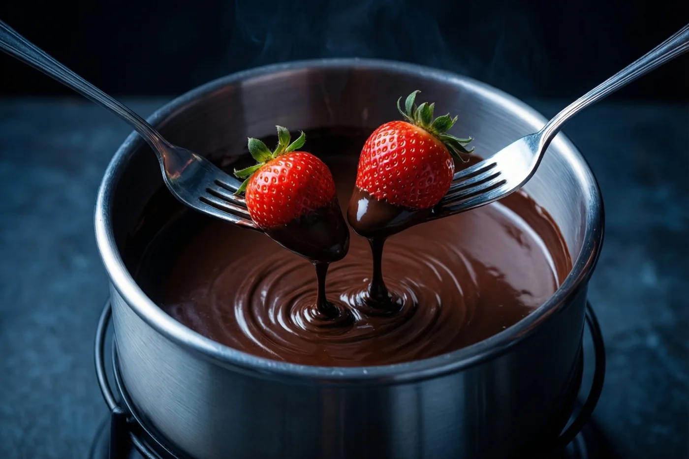 Twee aardbeien op vorken worden in een pot gesmolten chocolade gedoopt, terwijl chocolade terugdruppelt tegen een donkere achtergrond.