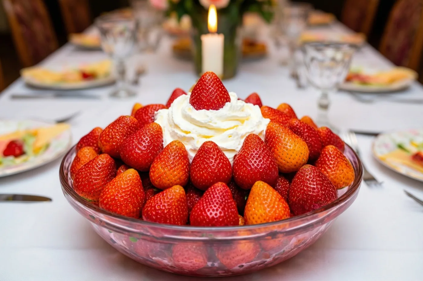 Een doorzichtige glazen kom met verse aardbeien en slagroom staat op een wit tafelkleed, met een brandende communiekaars op de achtergrond.