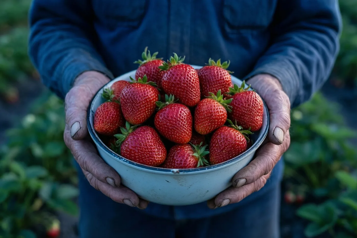 Doorleefde handen houden een witte kom met felrode versgeplukte aardbeien vast in een groene tuin.