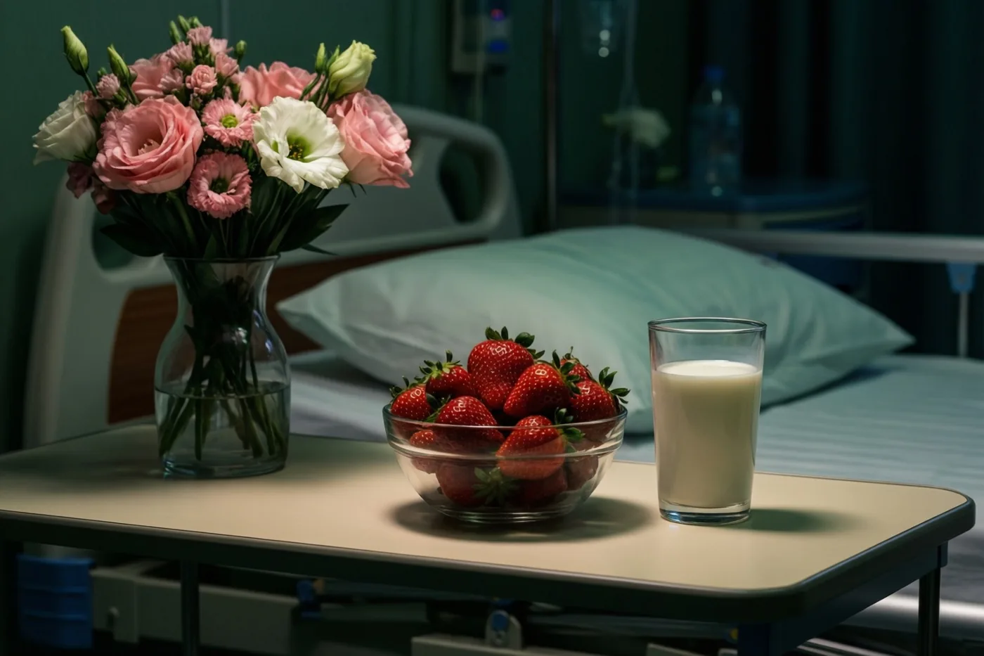 Een glas melk, een kom aardbeien en een vaas met roze en witte bloemen staan op een nachttafeltje in een schemerige ziekenhuiskamer, met een bed op de achtergrond.