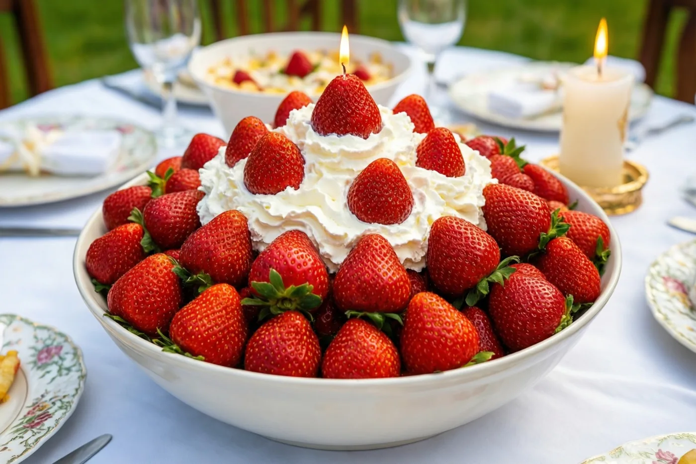 Een grote witte kom met verse aardbeien en slagroom, met daarop een brandende kaars, staat op een wit tafelkleed tijdens een lentefeest in de buitenlucht.