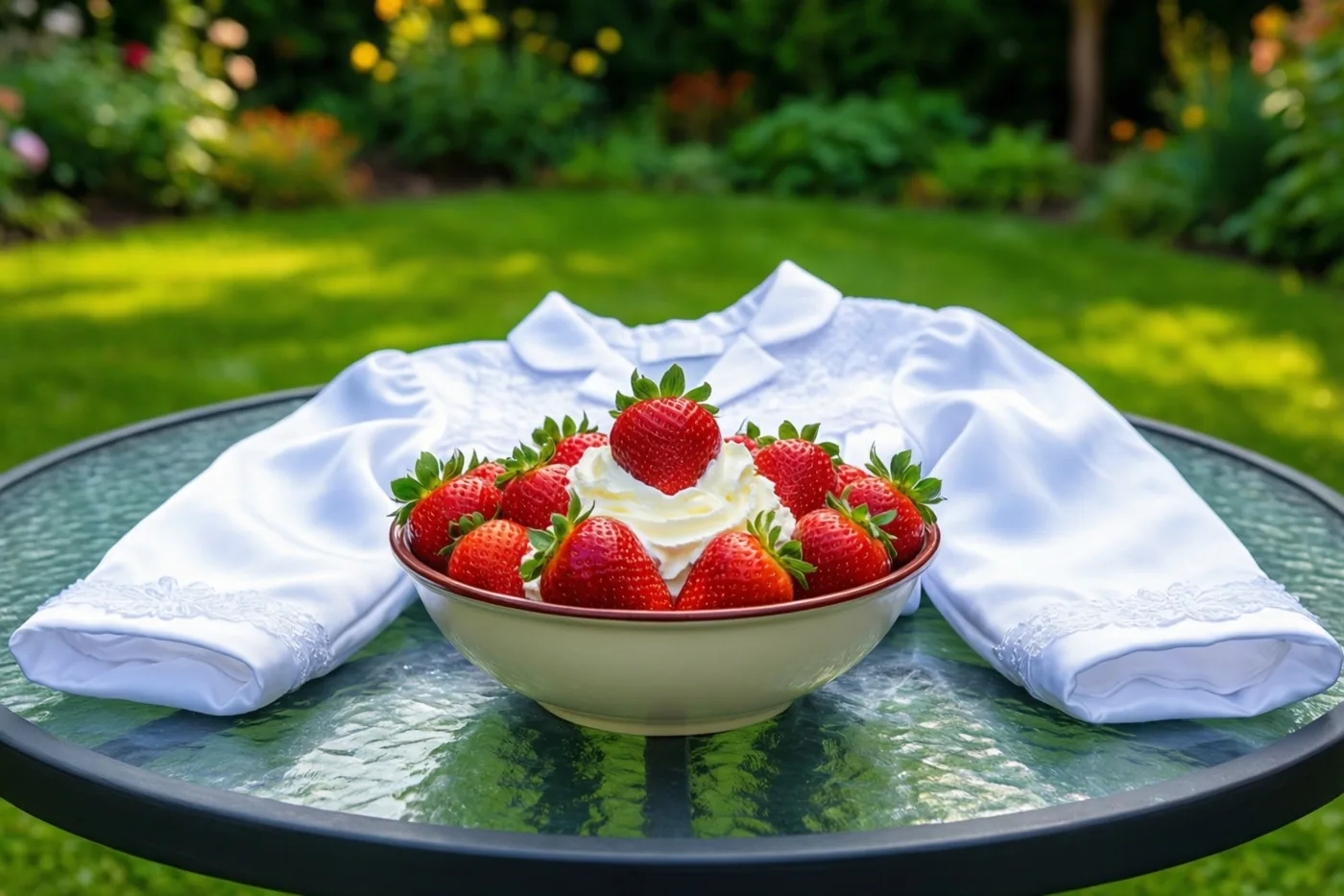Een kom verse aardbeien met room staat op een glazen tuintafel naast een opgevouwen wit doopkleed, in een zonnige tuin met gras en onscherp gebladerte.