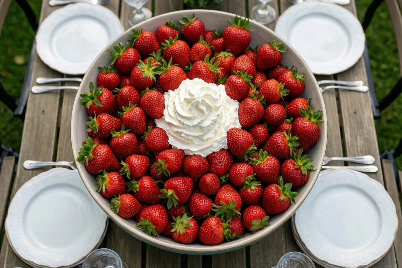 Een grote kom verse aardbeien met een toef slagroom staat midden op een houten tuintafel, omringd door witte borden en bestek.