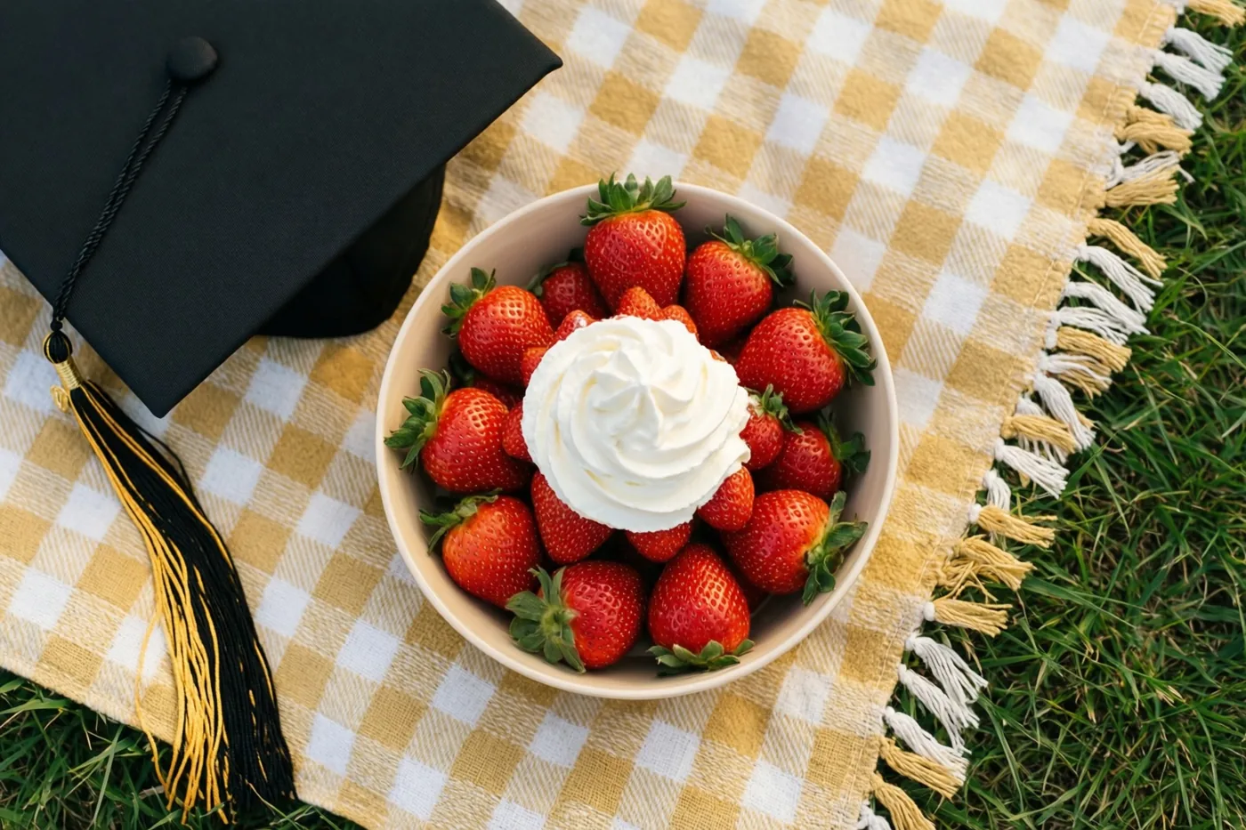 Op een geel-wit geruit picknickdeken op groen gras staat een kom verse aardbeien met slagroom naast een zwart afstudeerhoedje met een zwart-gouden kwastje.