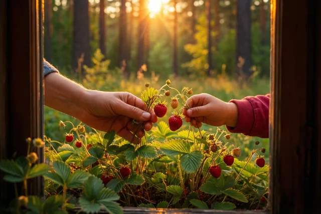 Mama, samen aardbeien plukken