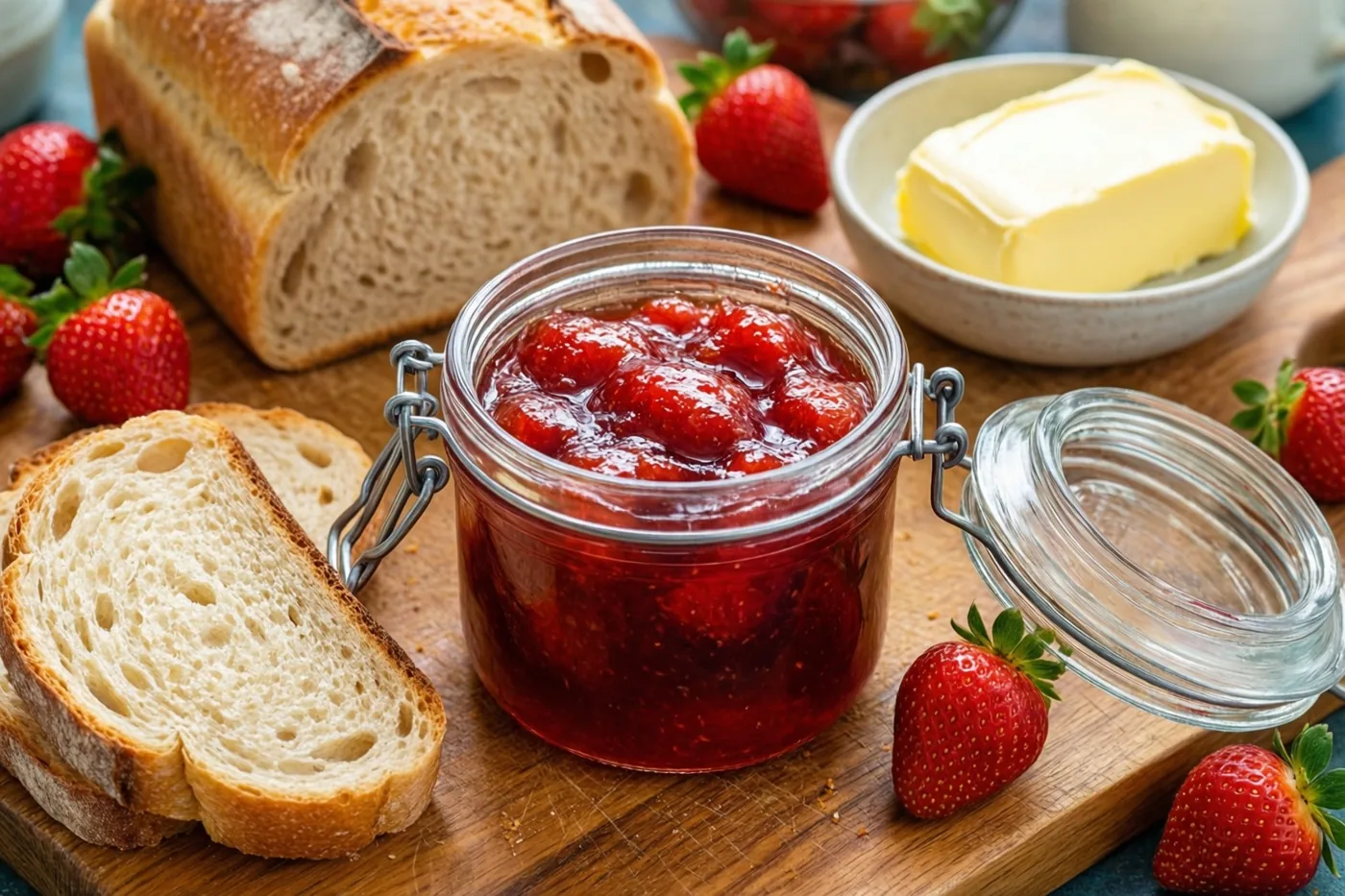 Een open glazen pot aardbeienconfituur staat op een houten snijplank naast sneetjes vers brood, een kommetje boter en losse aardbeien.