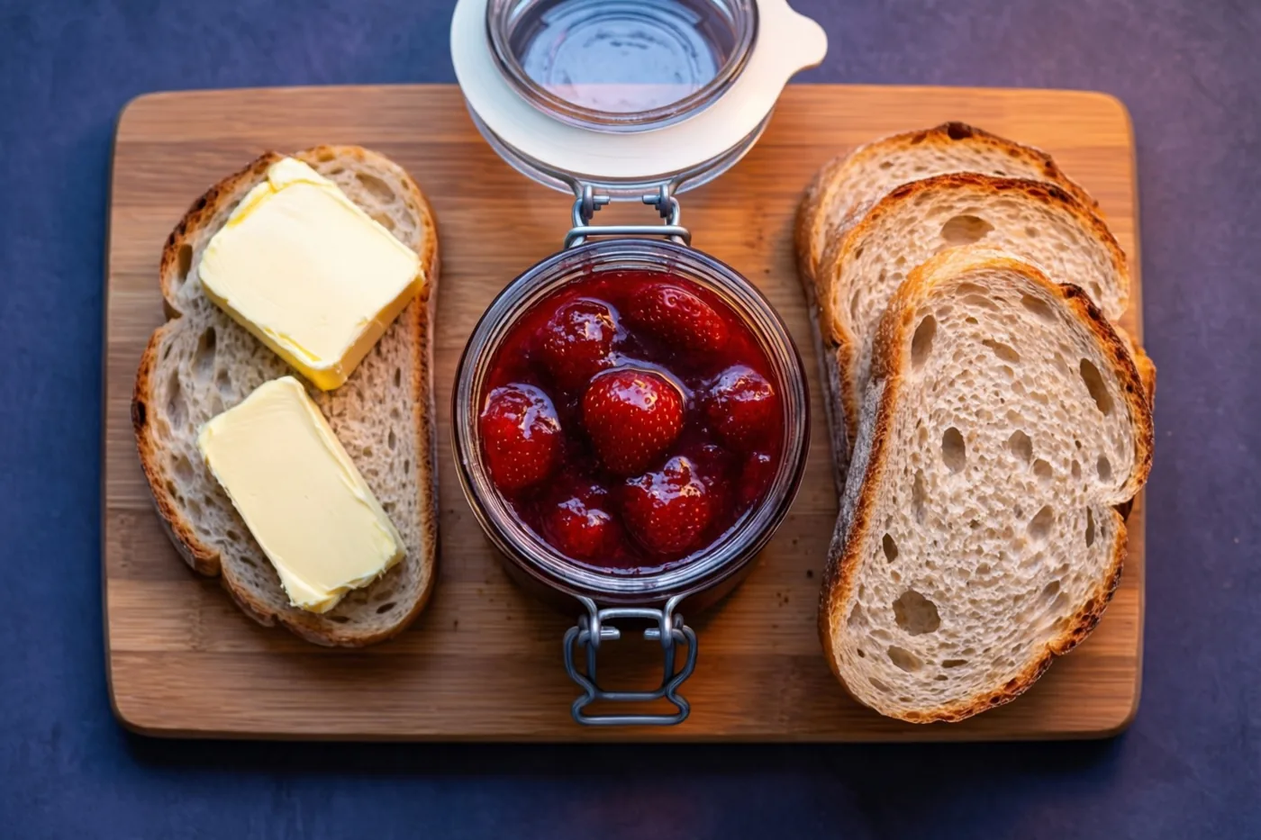 Een open glazen pot zelfgemaakte aardbeienconfituur staat op een houten snijplank naast sneetjes rustiek brood en twee klontjes boter, tegen een donkerblauwe achtergrond.