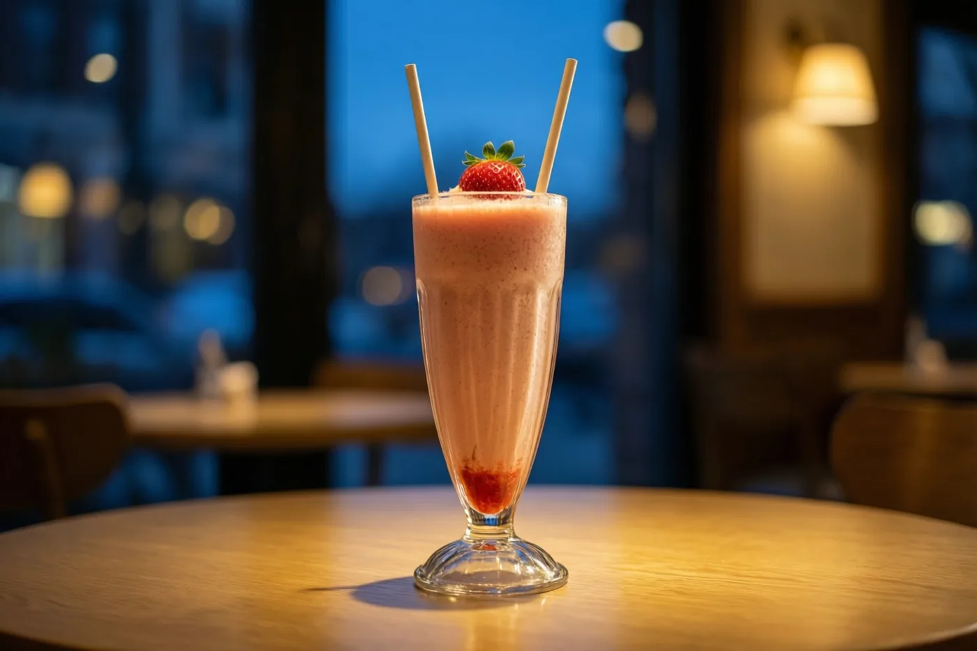 Een hoog glas aardbeienmilkshake met twee rietjes en een aardbei staat op een houten cafétafel, met wazige blauwe avondlichtjes en lampen op de achtergrond.