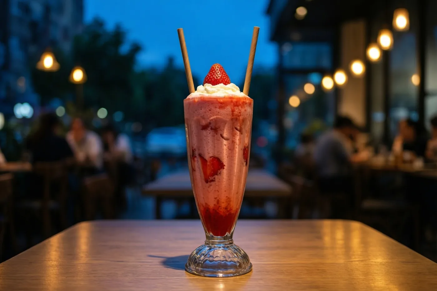 Een hoog glas aardbeienmilkshake met slagroom, een aardbei en twee rietjes staat op een houten cafétafel bij schemerlicht, met wazige bezoekers op de achtergrond.