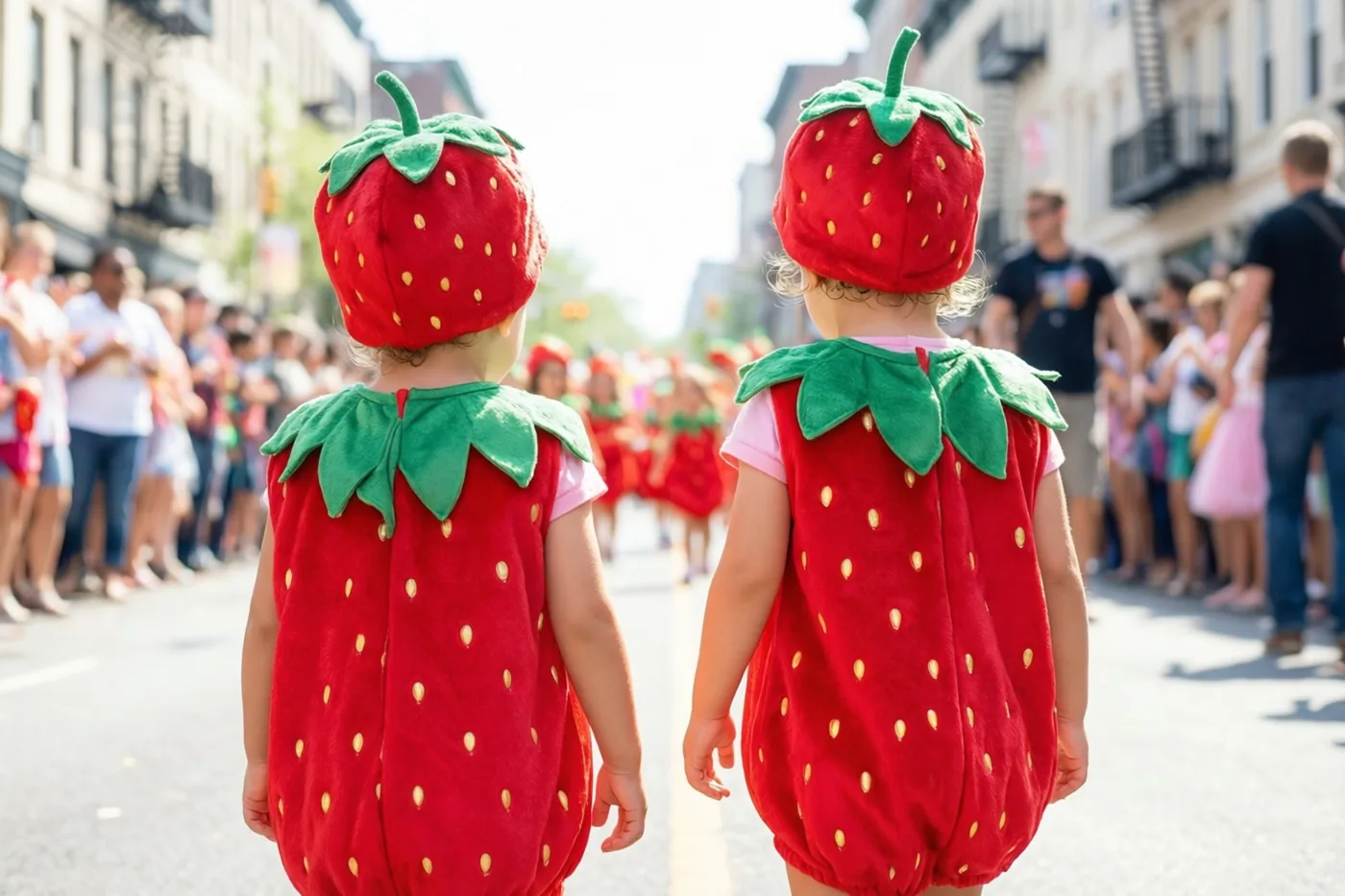 Twee peuters in dezelfde aardbeienkostuums lopen van de camera weg door een straat met toeschouwers, in een helder beeld met veel rood, groen en wit.
