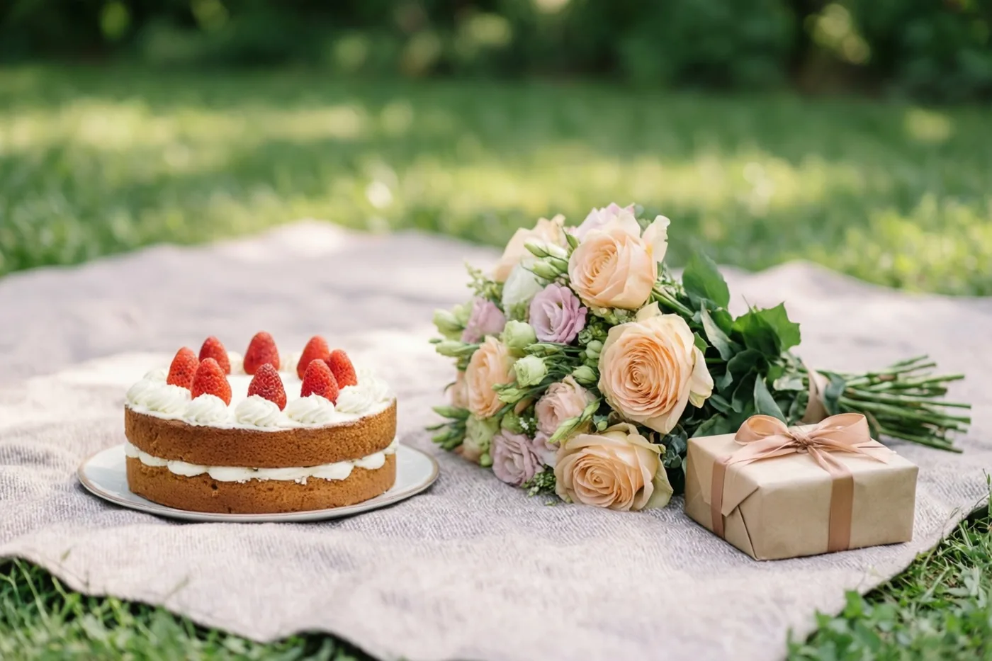 Een taart met twee lagen en aardbeien staat met perzikkleurige en roze rozen en een ingepakt cadeau op een licht picknickdeken in een zonnige tuin.