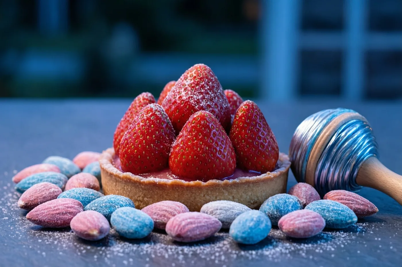 Een aardbeientaart met verse aardbeien staat op een donker oppervlak tussen roze en blauwe suikerbonen, naast een houten rammelaar met metaalglans onder koel blauw licht.