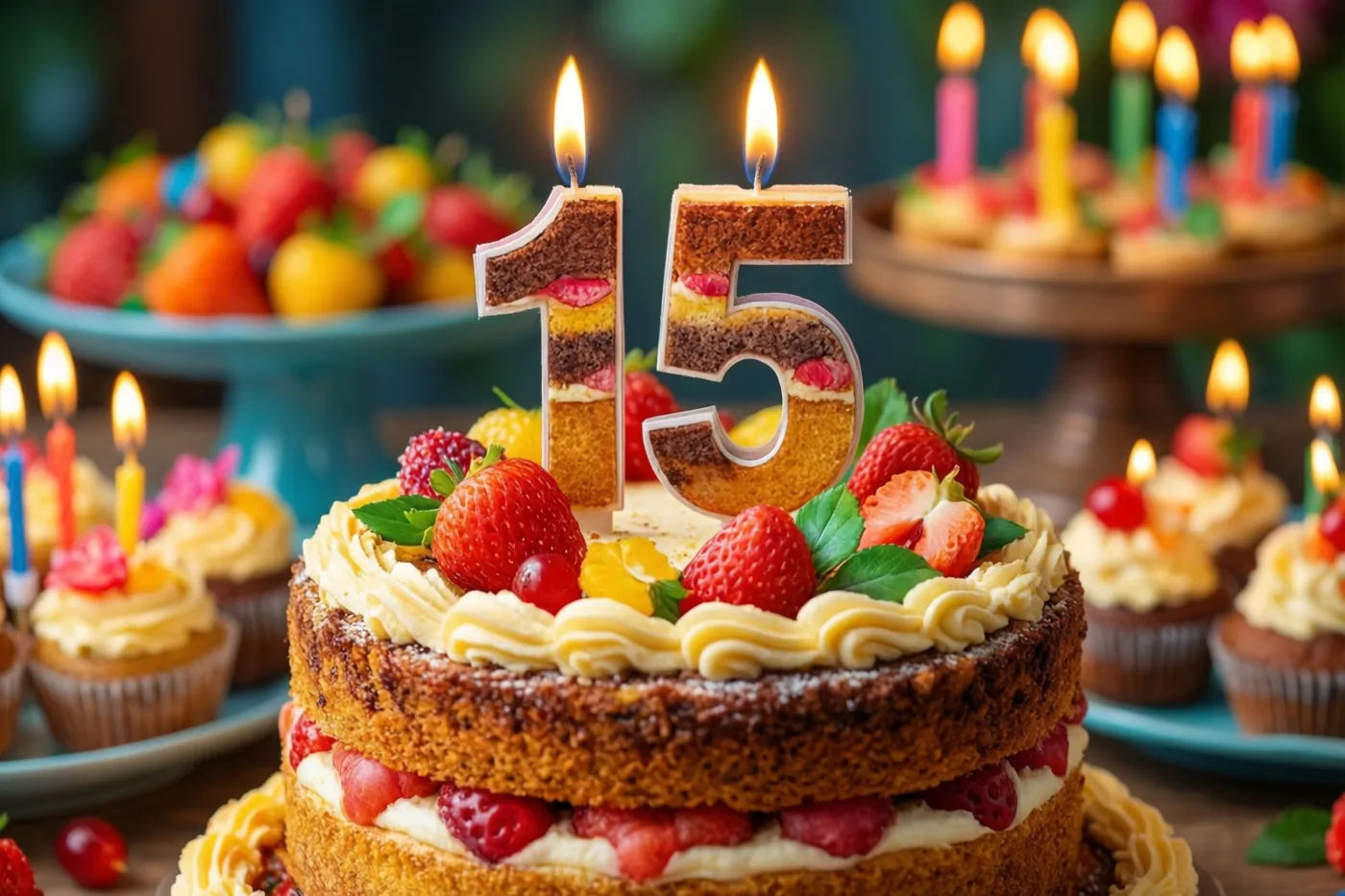 Een taart met meerdere verdiepingen, aardbeien, room en brandende cijferkaarsjes 15 staat op een feestelijk buffet met cupcakes en fruit op de achtergrond.