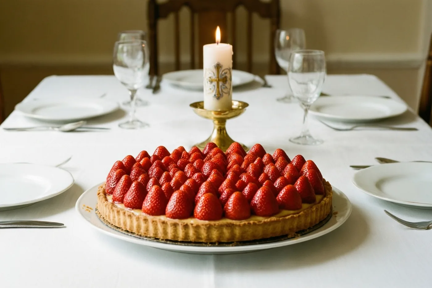 Een aardbeientaart staat op een wit tafelkleed tussen borden, glazen en bestek, naast een brandende communiekaars met een kruisversiering in een gouden houder.