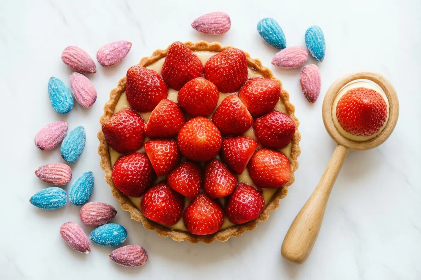 Een aardbeientaart met hele aardbeien staat op wit marmer tussen roze en blauwe suikerbonen, naast een houten lepel met één aardbei.