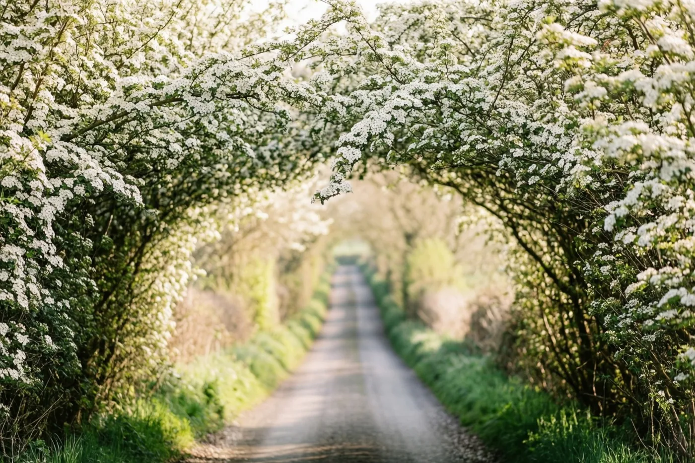 Een smalle aardeweg loopt recht de verte in onder een boog van witte meidoornbloesems in zacht lentelicht.
