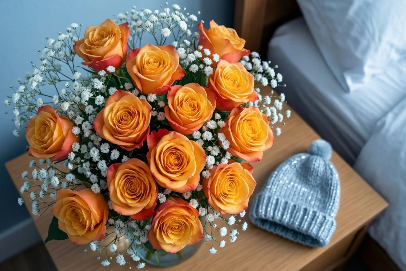 Een boeket abrikooskleurige rozen en wit gipskruid staat op een houten nachtkastje naast een lichtblauw gebreid babymutsje, bij een bed met wit beddengoed.