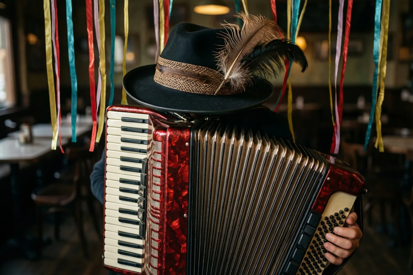 Een persoon met een zwarte hoed met veren speelt op een rood-zwarte accordeon in een schaars verlicht café met kleurrijke slingers en warm licht.
