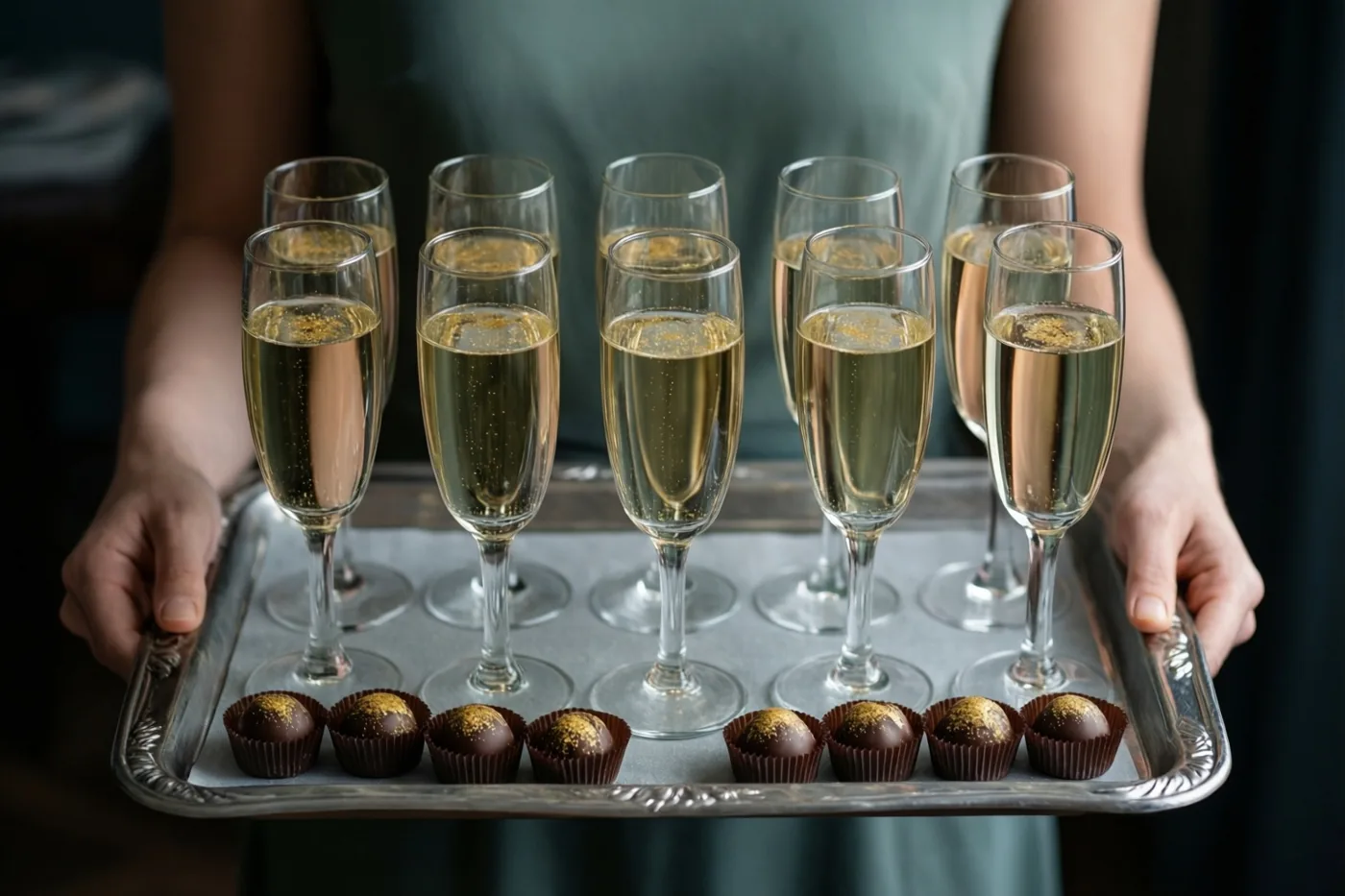 Op een zilveren dienblad dat iemand vasthoudt, staan acht champagneglazen naast acht chocoladetruffels met goudpoeder.