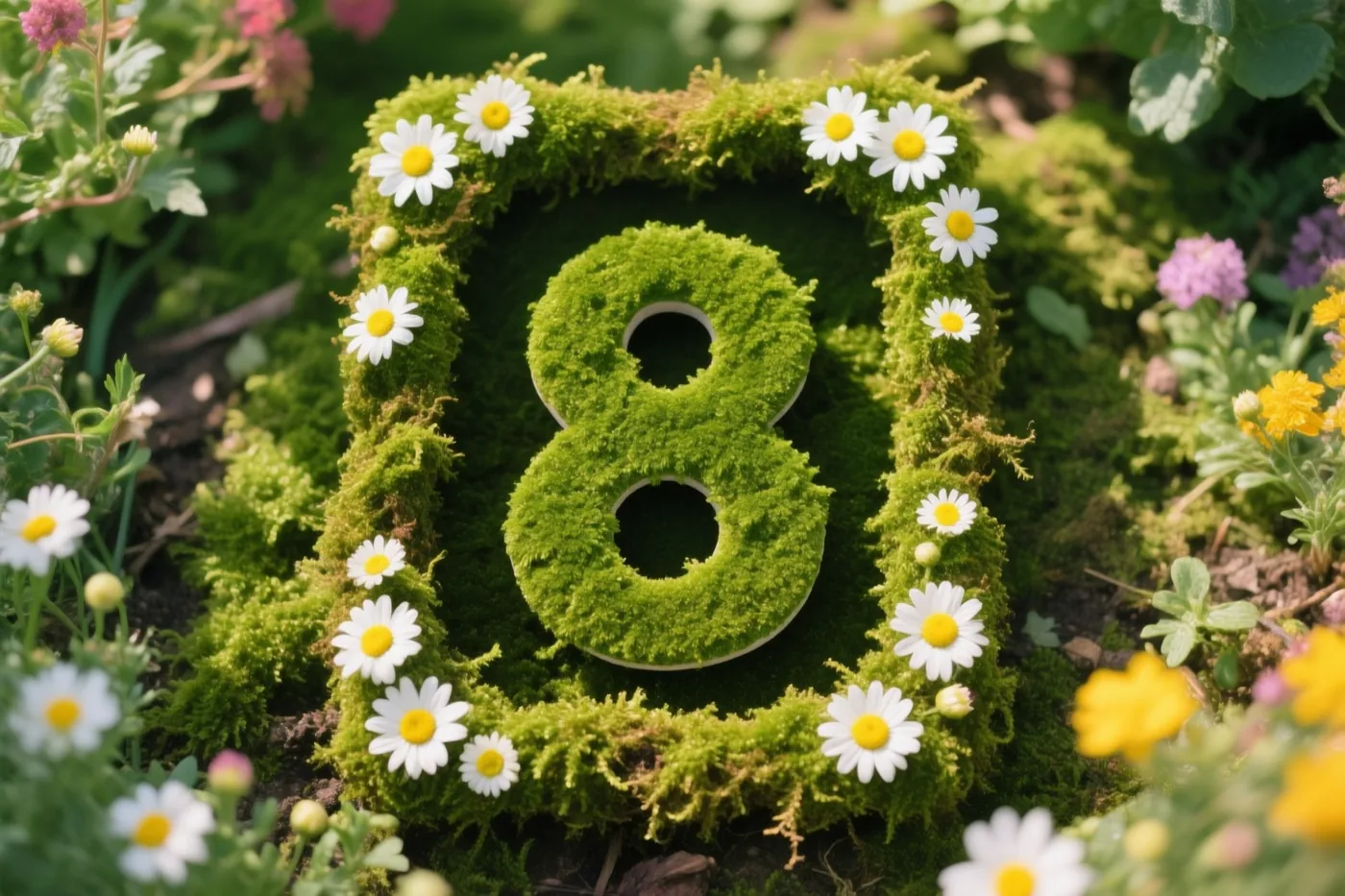 Een 8 is uitgesneden uit groen mos, omgeven door een rand van mos en versierd met witte madeliefjes in een heldere landelijke tuin.