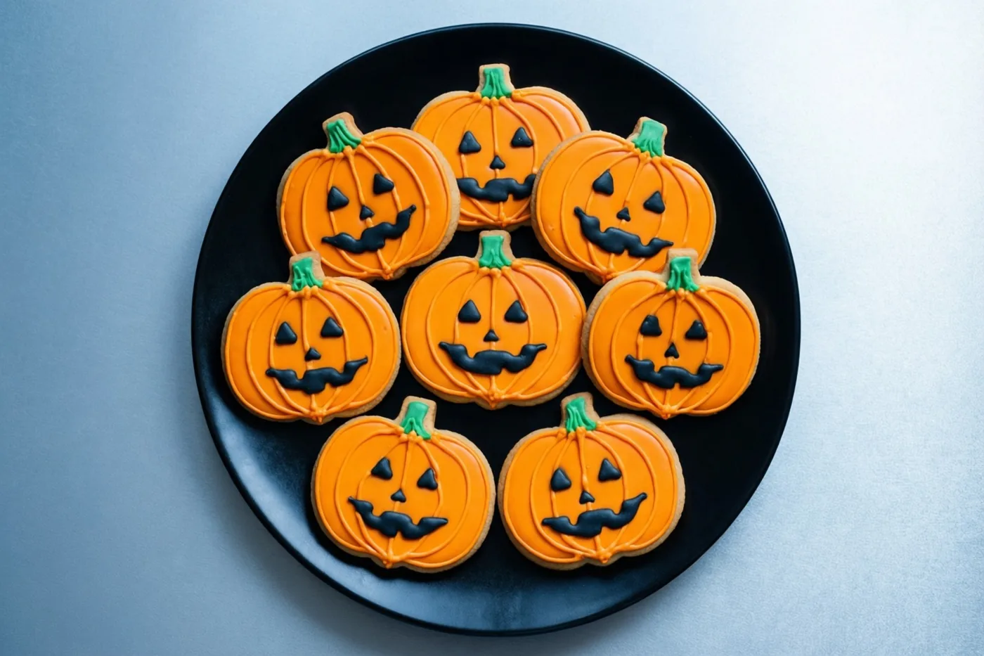 Acht pompoenvormige koekjes met oranje glazuur en zwarte griezelgezichten liggen op een zwart bord tegen een lichtblauwe achtergrond.