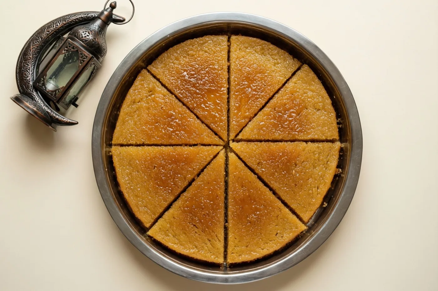Een goudbruine basbousacake, verdeeld in acht driehoekige stukken, ligt op een ronde metalen schaal naast een sierlijke maansikkelvormige lantaarn op een gebroken witte ondergrond.