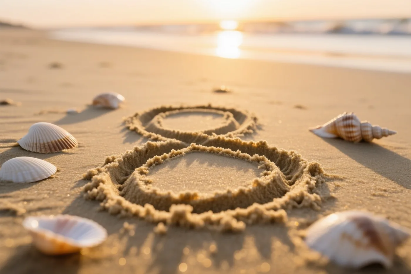 Een 8 is in het strandzand getekend tussen verspreide schelpen, met warm goudkleurig licht van de ondergaande zon en een onscherpe zee op de achtergrond.