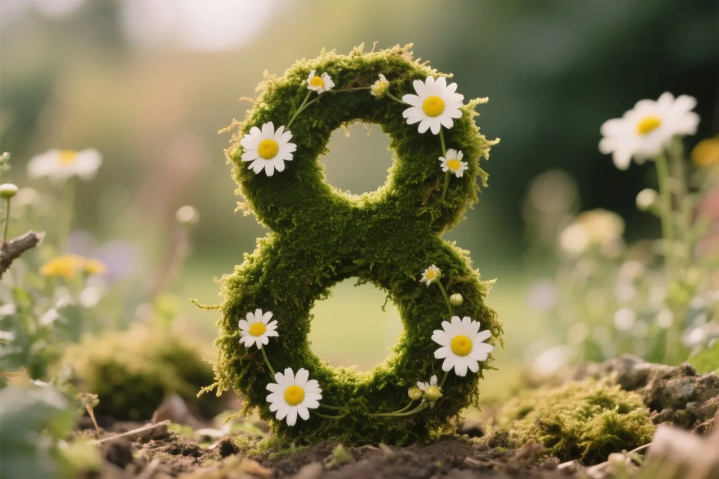 Een met mos bedekte 8 met madeliefjes staat in een landelijke tuin in zacht daglicht tegen een onscherpe groene achtergrond.