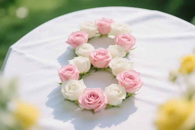 Van bovenaf is een 8 van afwisselend roze en witte rozen te zien op een wit tafelkleed buiten, in zacht daglicht met een onscherpe groene achtergrond.