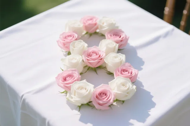 Van bovenaf gezien vormen afwisselend roze en witte rozen een 8 op een wit tafelkleed, met zachte schaduwen van het zonlicht.