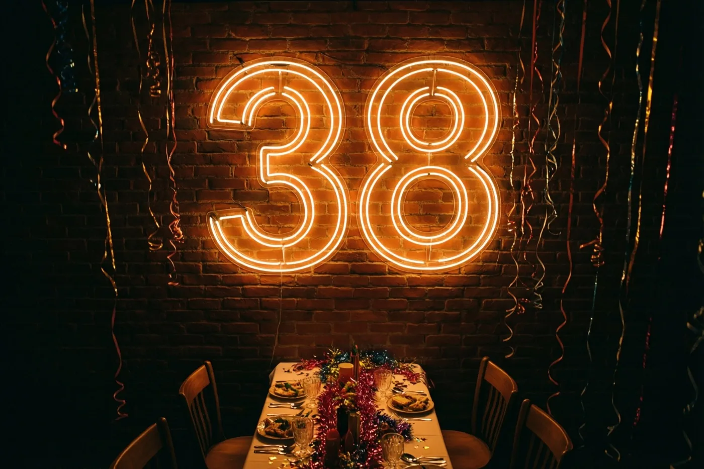 Een warm verlicht neonbord met 38 hangt op een bakstenen muur boven een versierde feesttafel in een schemerige kamer met hangende slingers.