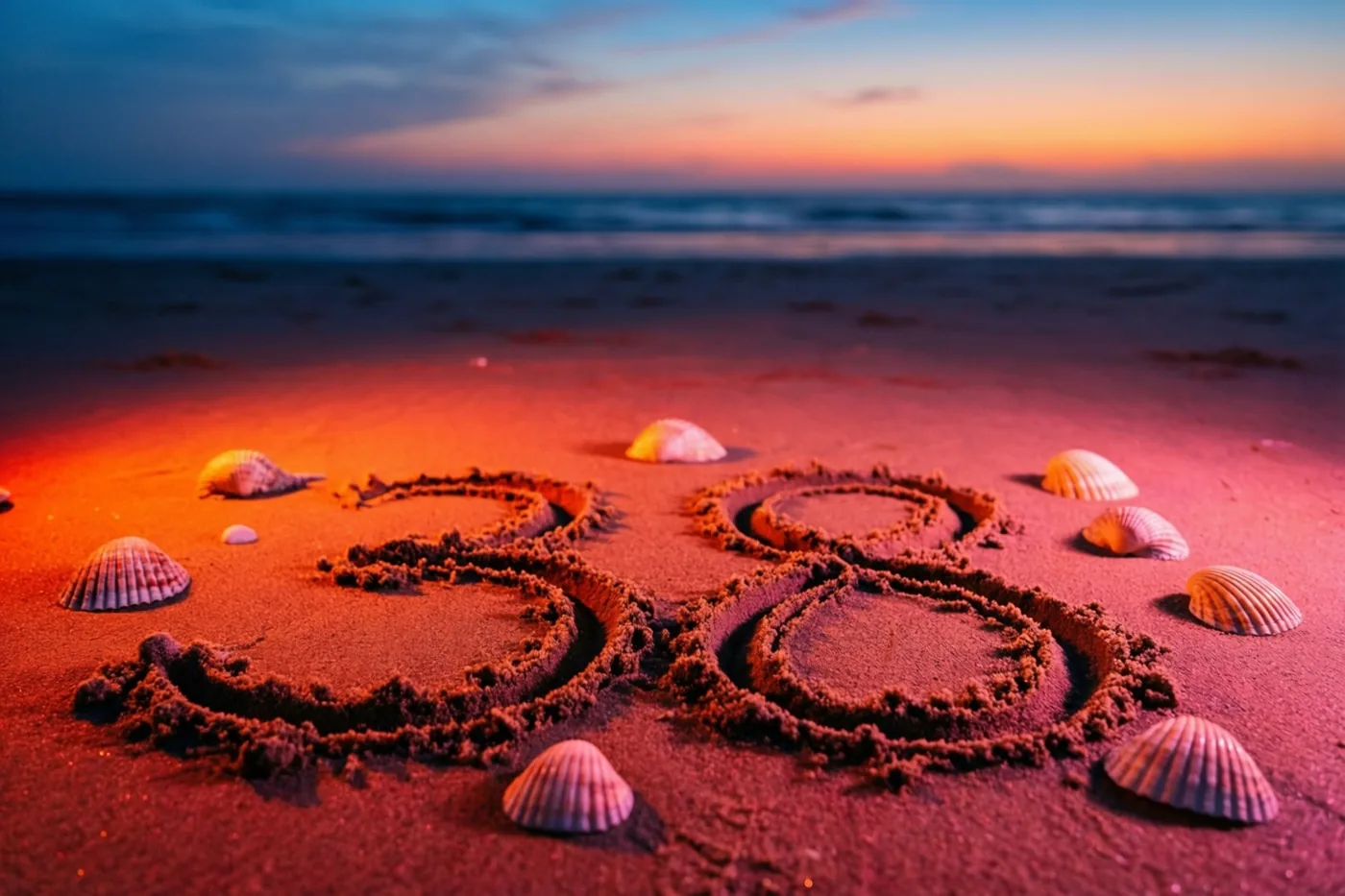 Het getal 38 is in het strandzand getekend tussen verspreide schelpen, met warme oranje en rode tinten onder een schemerhemel bij zonsondergang.