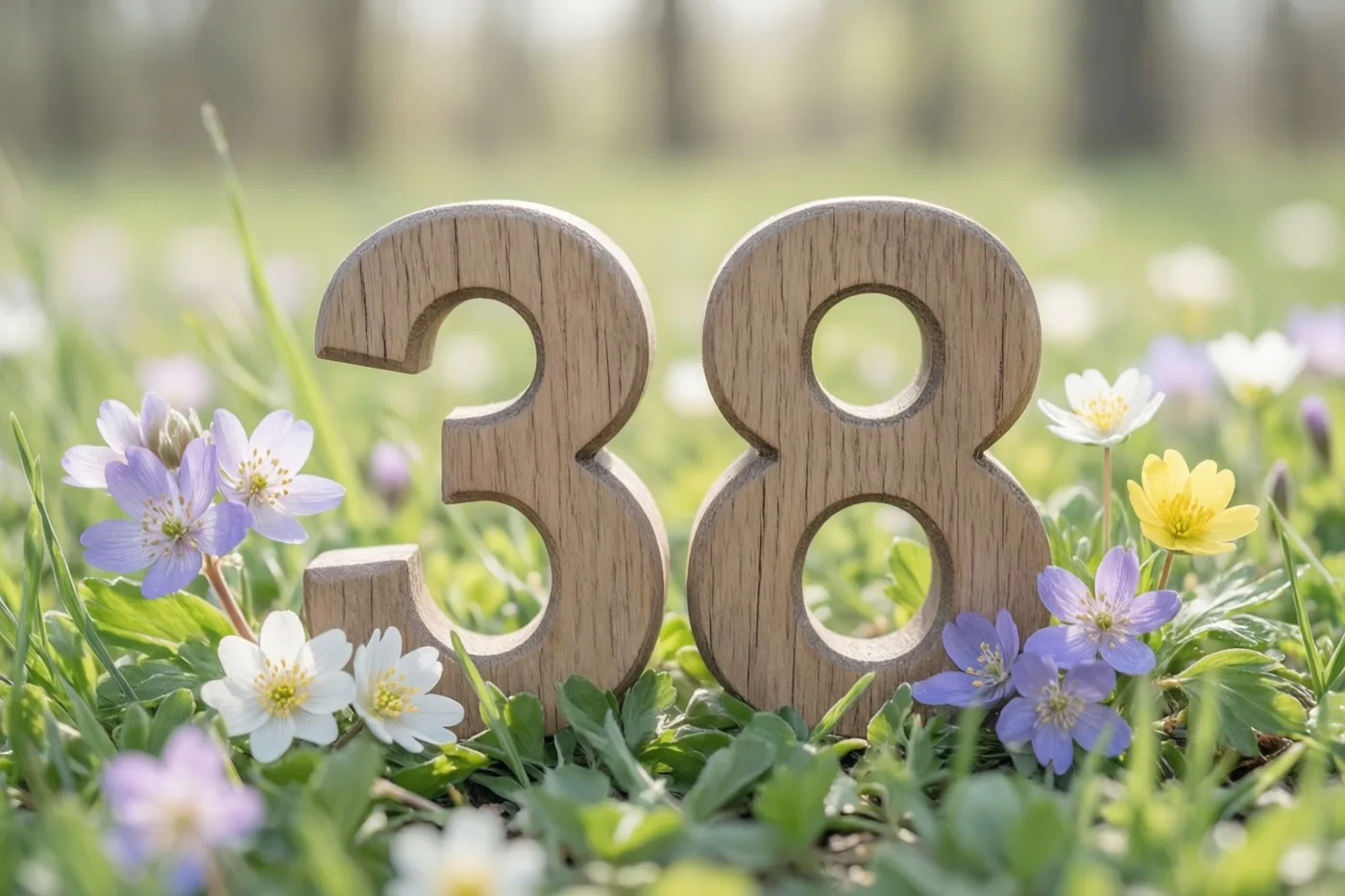 Houten cijfers 38 staan in een zonnige weide met lentebloemen in groene, paarse en gele tinten.