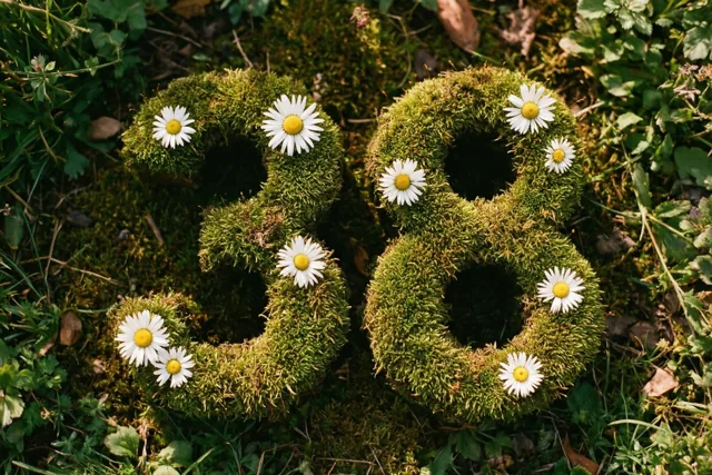 Een mossige groene haag vormt het getal 38 en is versierd met witte madeliefjes, omringd door groen in een landelijke tuin.