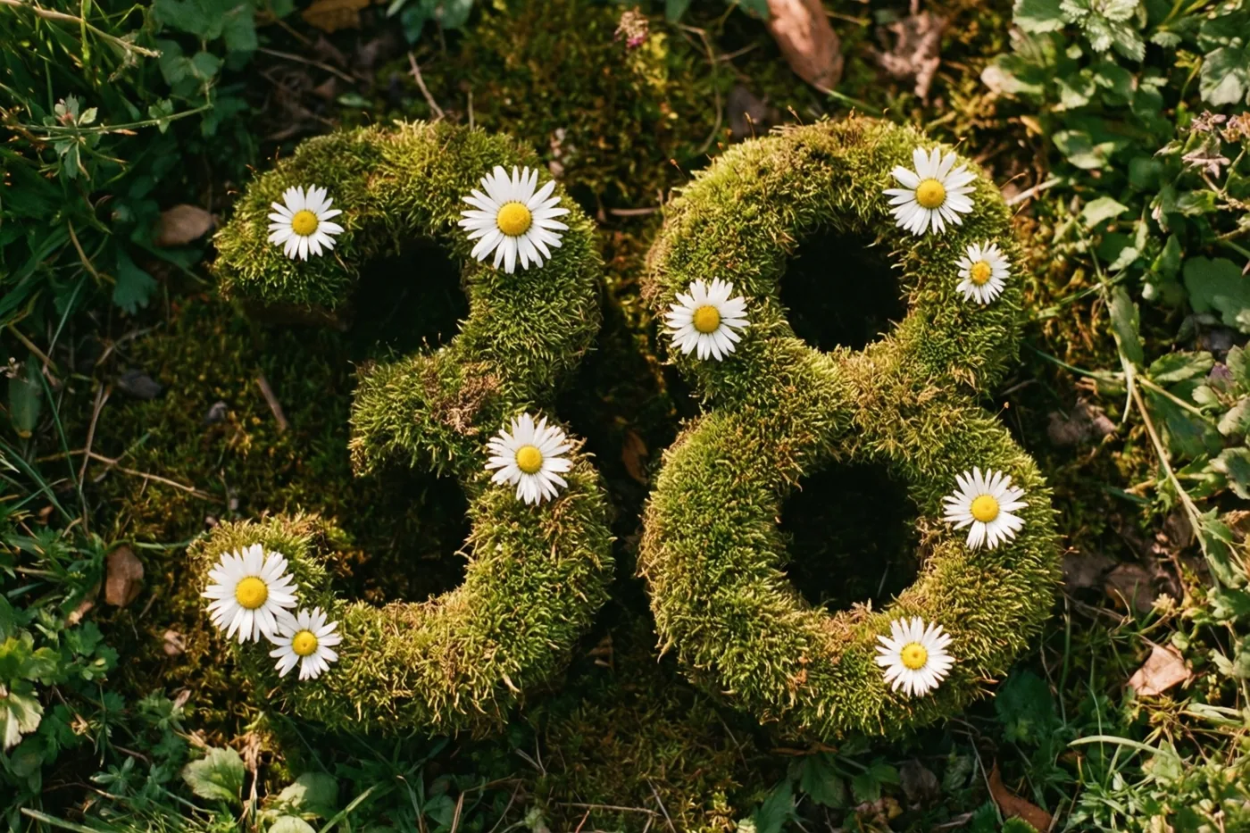 Een mossige groene haag vormt het getal 38 en is versierd met witte madeliefjes, omringd door groen in een landelijke tuin.