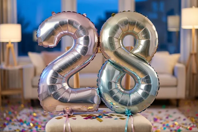 Zilver- en pastelkleurige cijferballonnen vormen 28 aan een stoel in een warm verlichte woonkamer met confetti op de vloer en een zetel en lampen op de achtergrond.